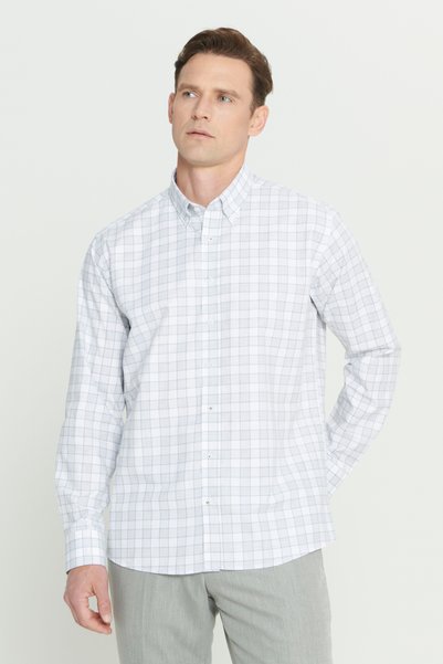 Men's White-Khaki Comfort Fit Relaxed Fit 100% Cotton Classic Collar Dobby Shirt