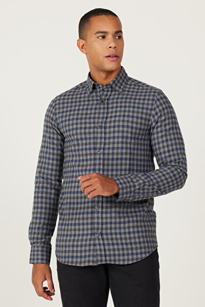 Машка тегет Slim Fit кошула со скриени копчиња на јаката карирана дебела зимска