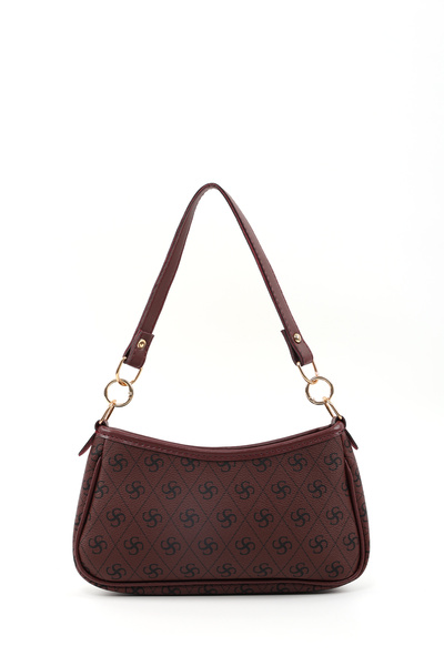 Monogram Printed Claret Red Shk113 Faux Leather Lined Zippered Adjustable Strap Hand, Arm and Shoulder Bag