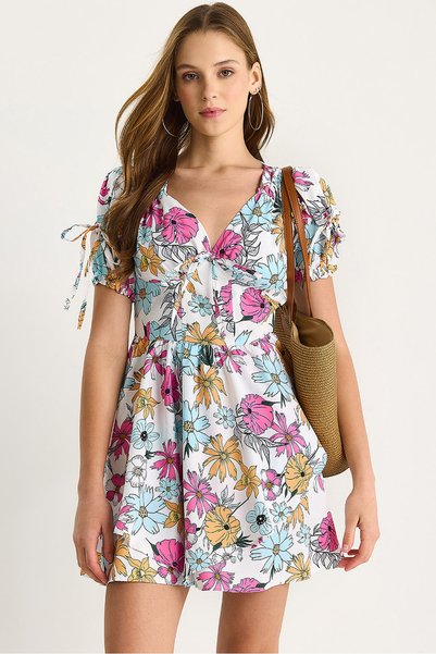 Women's Pink Floral Pattern Bow Detailed Mini Dress 602 60283503
