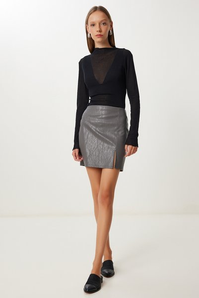 Women's Gray Patterned Slit Mini Faux Leather Skirt Gp00028