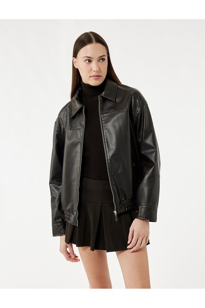 Zippered Long Sleeve Pocket Detailed Faux Leather Oversize Jacket