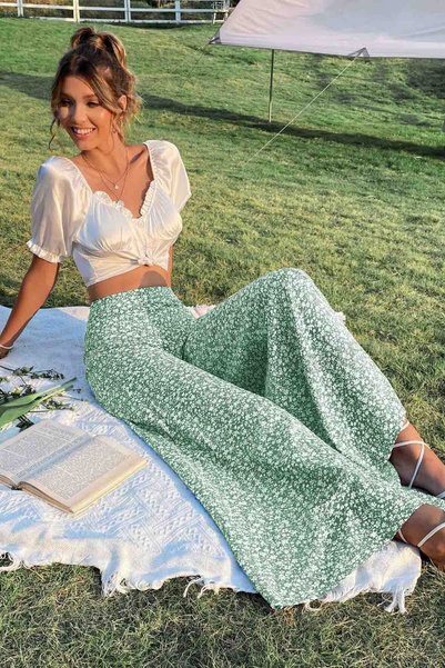 Floral Pattern Flared High Waist Pants