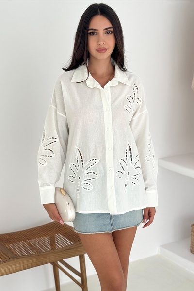 Women's White Leaf Pattern Laser Cut Cotton Shirt