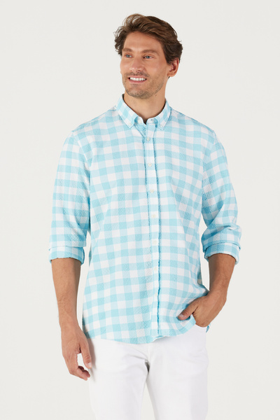 Men's White Mint Slim Fit Narrow Cut Button Collar Seersucker Patterned Shirt