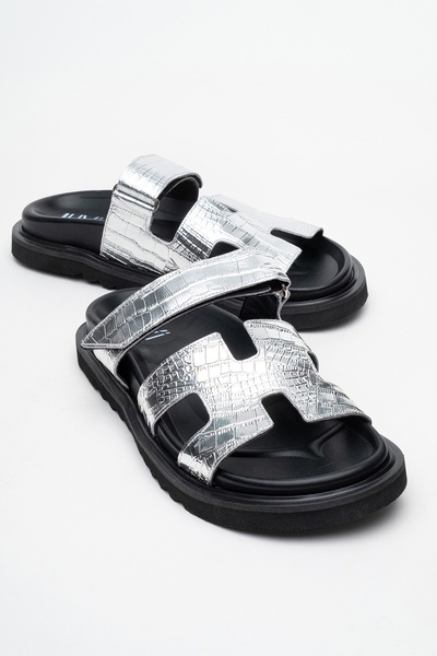 Loana Silver Print Genuine Leather Women's Slippers