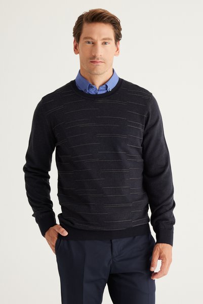 Men's Navy Blue-Anthracite Wool Standard Fit Regular Cut Crew Neck Knitwear Sweater