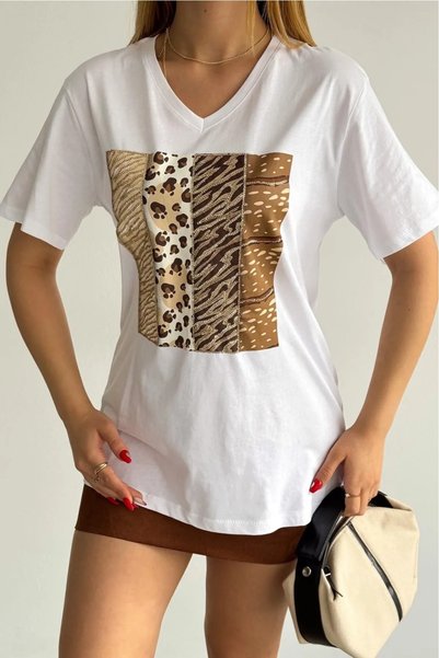 Women's White 100% Cotton T-Shirt V-Neck Sequin and Embroidery Embroidered