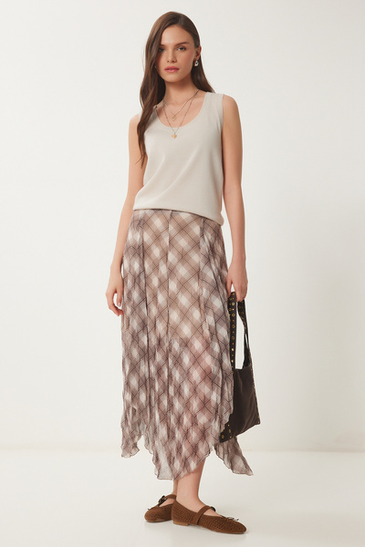 Checkered Crinkle Effect Midi Chiffon Skirt Beige Cream Lns0041