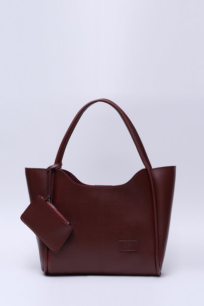 Burgundy Shk108 Women's Hand and Shoulder Bag with Snap Fastener Faux Leather Wallet and Makeup Bag