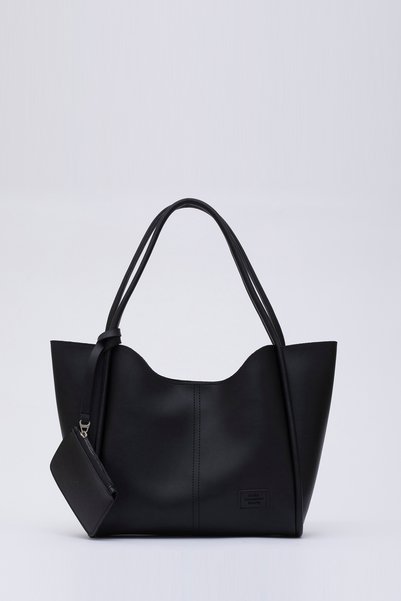 Black Shk108 Women's Hand and Shoulder Bag with Snap Fasteners, Faux Leather Wallet and Makeup Bag