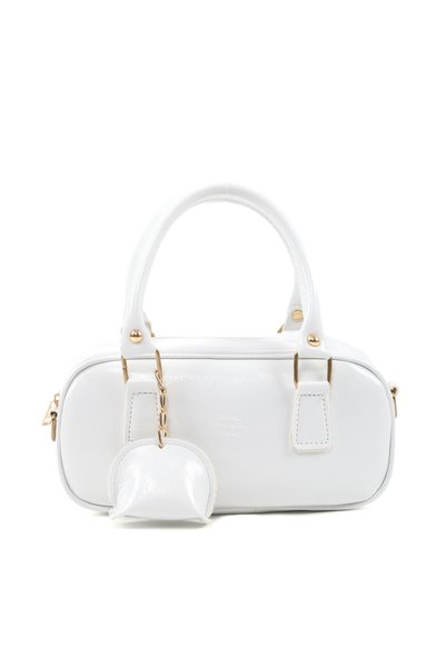 Crinkle Textured White Shk207 Faux Leather Charm Detailed Zippered Adjustable Strap Hand, Arm and Shoulder Bag