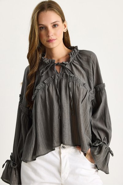 Women's Anthracite Tie-Dye Detailed Balloon Sleeve Casual Seersucker Blouse 252 60282002