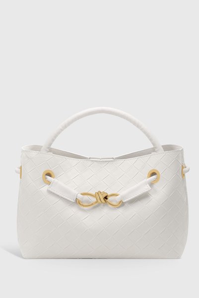 White Knitted Woven Long Strap Daily Bag with Metal Accessories 281