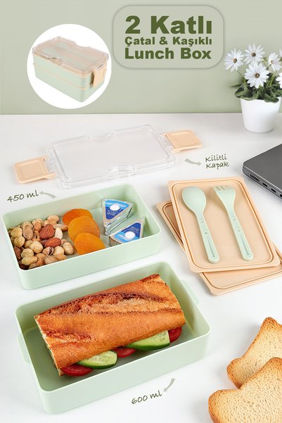 2-Tier Locked Lunch Box - Self-Fork Spoon Lunch Box Food Storage Container Green