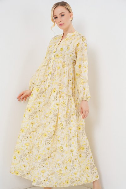 Women's Patterned Modest Dress 2583 - Yellow