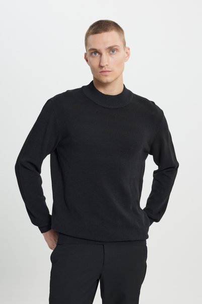 Men's Black Standard Fit Regular Cut Half Turtleneck Cotton Jacquard Knitwear Sweater