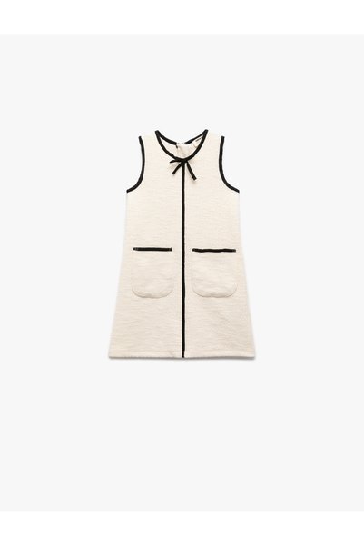 Bow Detailed Sleeveless Crew Neck Tweed Dress