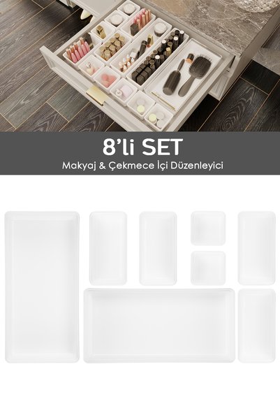 8-Piece Cosmetic Jewelry Organizer Makeup Organizer - Design Drawer Organizer Box White