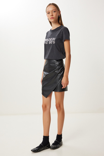 Women's Black Asymmetrical Mini Faux Leather Skirt Gp00030