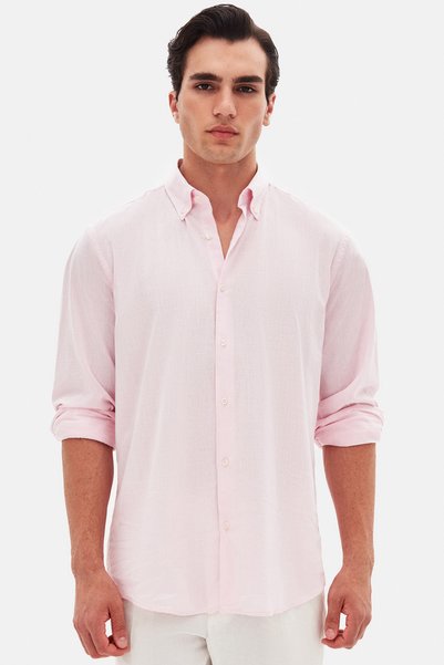 Ds Damat Comfort Pink Buttoned Collar Relaxed Cut Linen Look 100% Cotton Shirt
