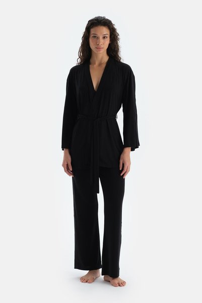 Black Lacing and Sleeve Stripe Lace Detailed Basic Dressing Gown