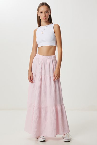 Flounced Summer Muslin Skirt Lkt0005 Candy Pink