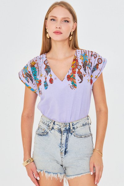 Women's Lilac V-Neck Printed Blouse Arm-25Y001086