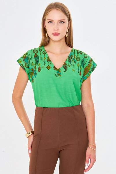 Women's Light Green V-Neck Printed Blouse Arm-25Y001086