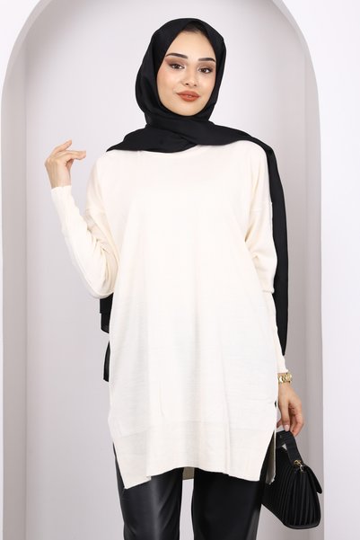 Cream Mercerized Casual Knitwear Tunic
