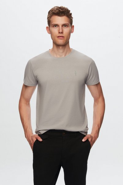 Slim Fit Gray Plain Embossed Printed T-Shirt