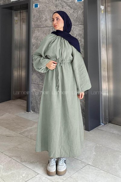 Puff Sleeve Tie-Detail Modest Dress Almond Green