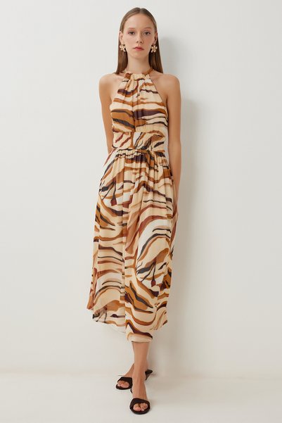 Patterned Midi Chiffon Dress Lfg0079 Camel Beige