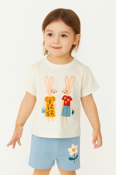 Girl's Rabbit Patterned Shorts Pajama Set