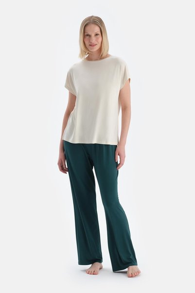 Ecru Off Shoulder Short Sleeve Viscose T-Shirt Pants Pajama Set
