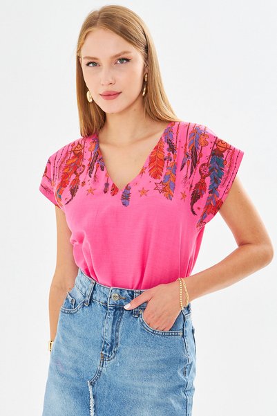 Women's Fuchsia V-Neck Printed Blouse Arm-25Y001086