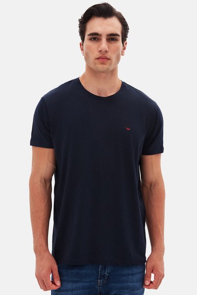 Ds Damat Regular Fit Navy Blue Plain 100% Cotton Logo Printed T-Shirt