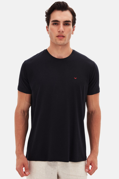 Ds Damat Regular Fit Black Plain Embroidered 100% Cotton T-Shirt