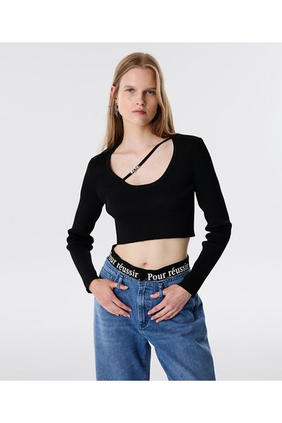 Crop Knitwear with Metal Accessories Black Women's Sweater Tw6250050163