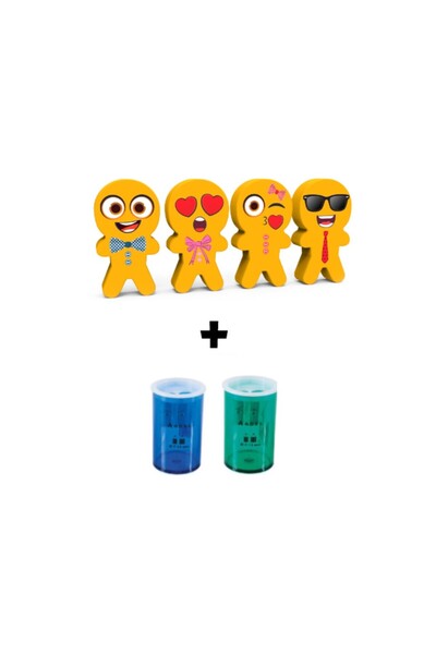 Art.57 Funny Face 4 Pieces of Eraser and 619 2 Pieces of Pencil Sharpener Set (Male Student)