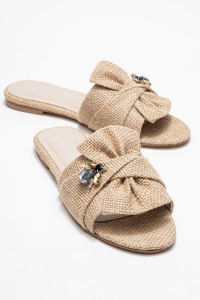 Donald Beige Straw Bow Bee Buckle Women's Slippers