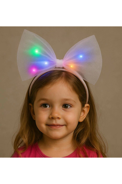 Шарена тијара за забава од тул во форма на машна со LED светла, бела боја 25x25 cm