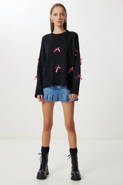 Women's Black Bow Detailed Knitwear Sweater Kh00103