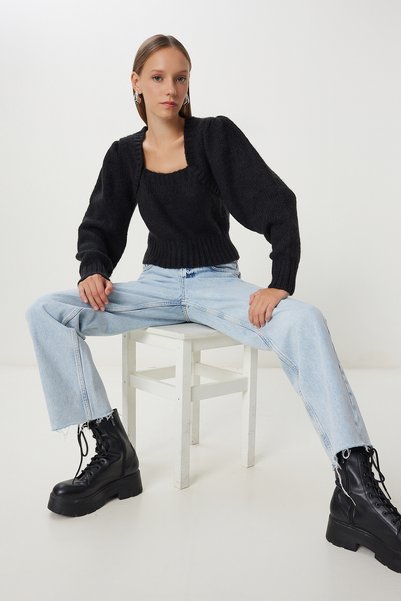 Women's Black Bolero Look Crop Knitwear Sweater Nv00084