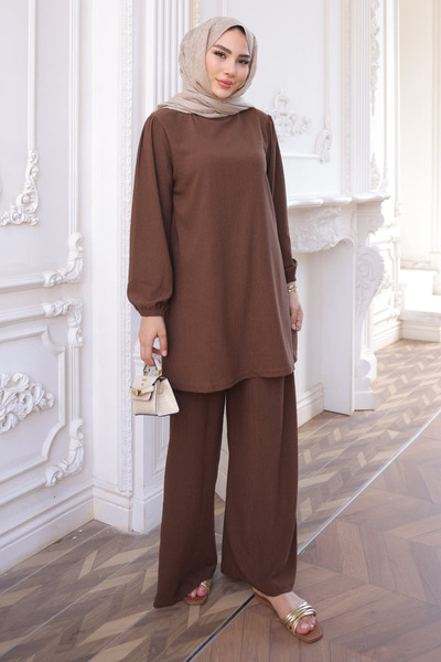 Brown Crinkled Tunic and Pants Set