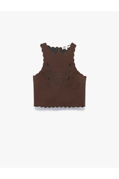 Halter Neck Sleeveless Embroidery Detail Viscose Linen Blend Crop Blouse