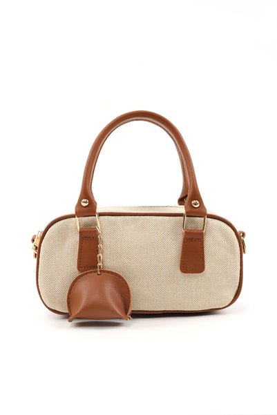 Straw / Tan Shk207 Faux Leather Charm Detailed Zippered Adjustable Strap Hand, Arm and Shoulder Bag