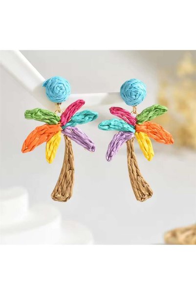 Colorful Straw Jute Thread Embroidered Palm Earrings