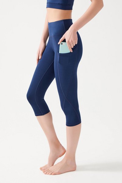 Women's Navy Blue High Waist Smoothing Double Pocket Below Knee Capri Leggings Capri