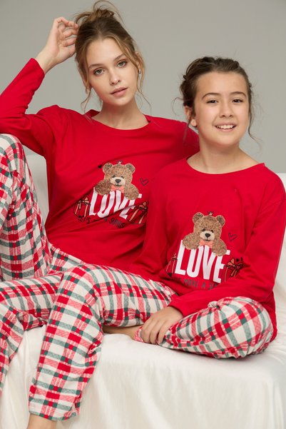 Red Plaid Cotton Crew Neck Knitted Pajamas Suit25241129